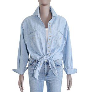 Boston Proper Blue Cotton Button Down Shirt Summer Casual Relaxed Fit Blouse